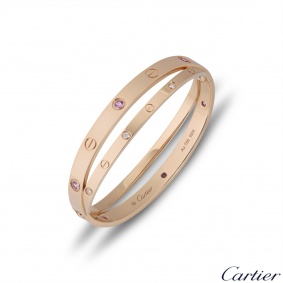 Cartier Rose Gold Half Diamond & Pink Sapphire Love Bracelet Size 17 N6705917